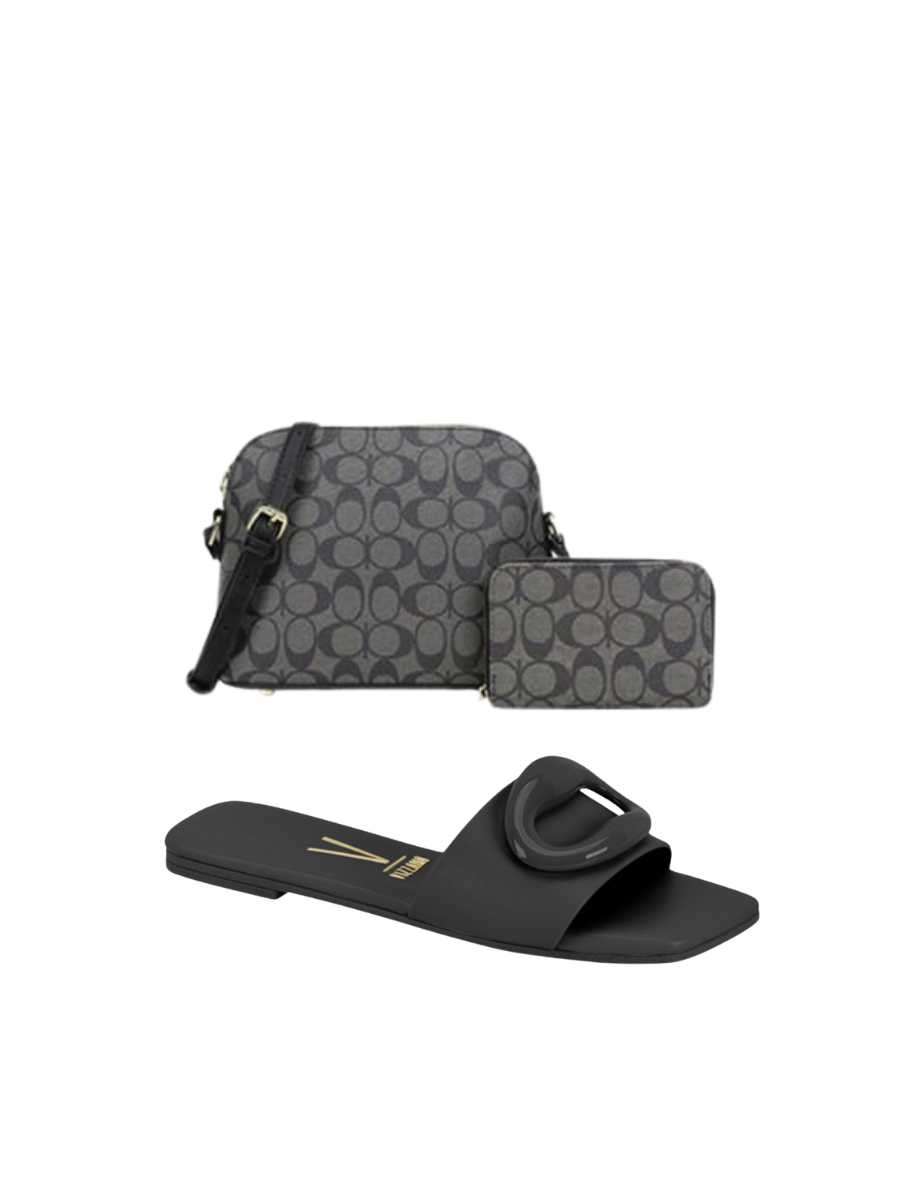 3PC Vizzano Flat Slides with Oval Accent detail and Crossbody Bag and Wallet– Trendy Summer Sandals 2025 Women Elegant Leather