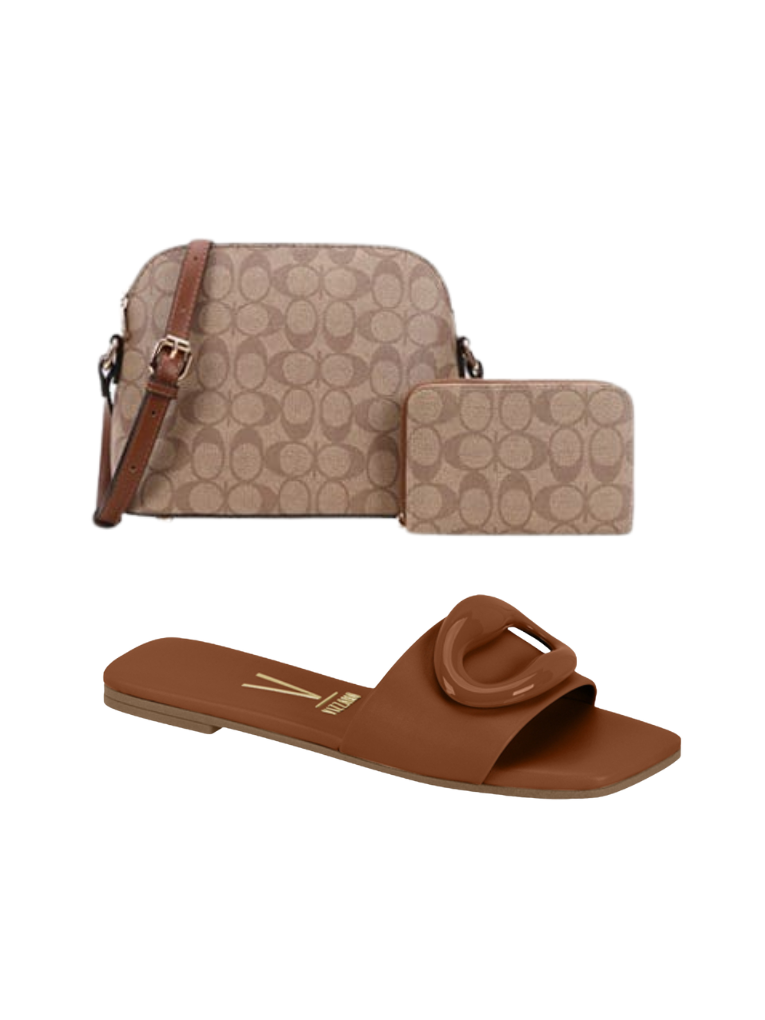 3PC Vizzano Flat Slides with Oval Accent detail and Crossbody Bag and Wallet– Trendy Summer Sandals 2025 Women Elegant Leather